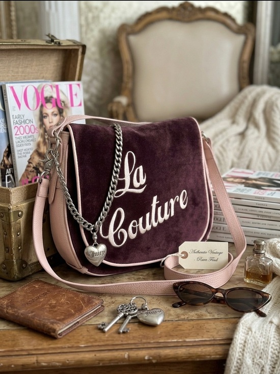 Juicy Couture Handbags - Vintage Juicy Couture Velour Messenger Bag Features Embroidered La Couture Y2K